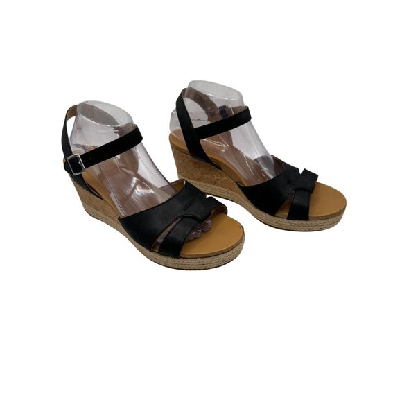 UGG Shoes Women 11 Black Leather Ankle Strap Platform Cloverdale Wedge Sandal - Picture 2 of 12